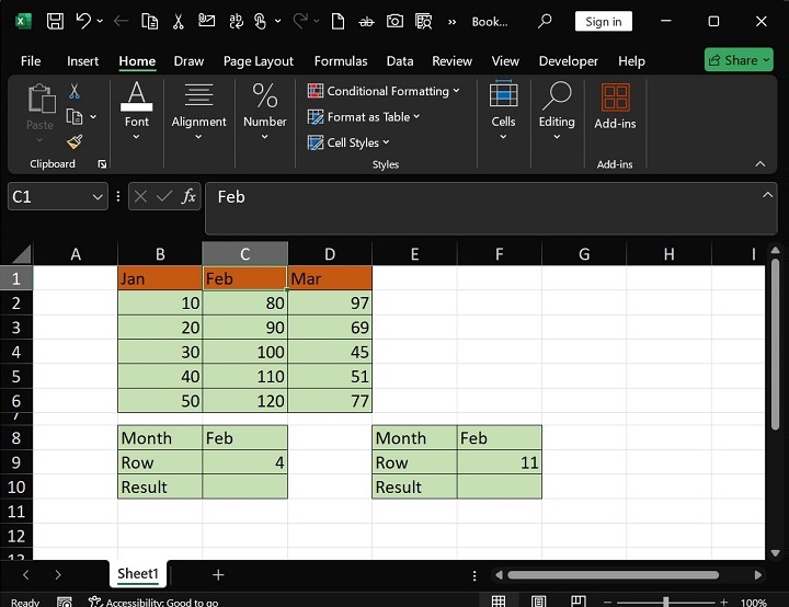 在 Excel1 中执行 HLOOKUP 函数