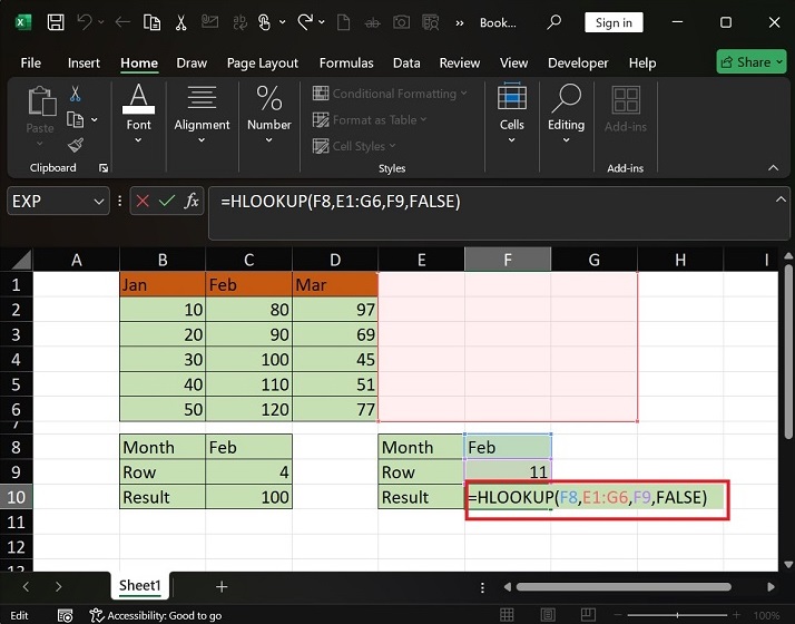 在 Excel4 中执行 HLOOKUP 函数