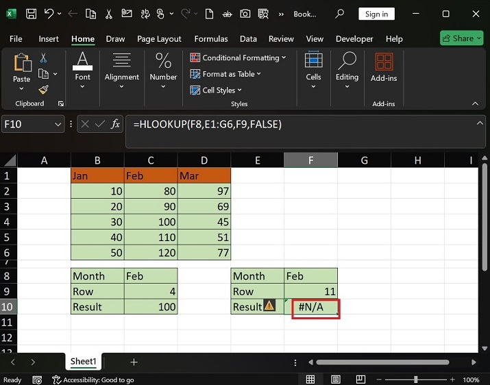 在 Excel6 中执行 HLOOKUP 函数