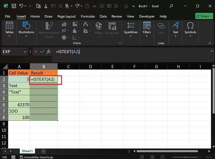 在 Excel1 中执行 ISTEXT 函数