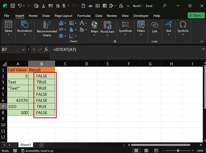 在 Excel2 中执行 ISTEXT 函数