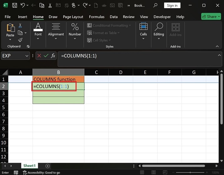 如何在 Excel1 中应用 COLUMNS 函数