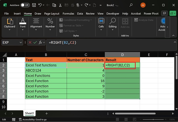 如何在 Excel2 中执行 RIGHT 函数