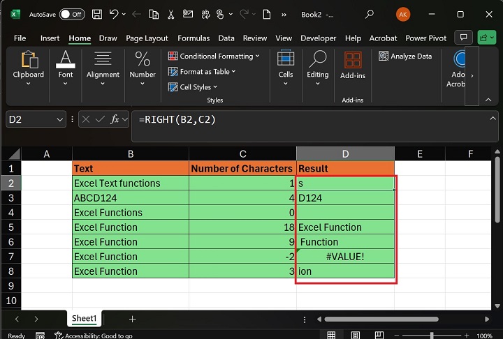 如何在 Excel3 中执行 RIGHT 函数