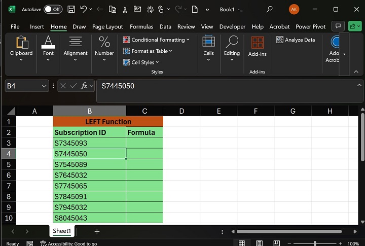 如何在 Excel1 中执行 LEFT 函数