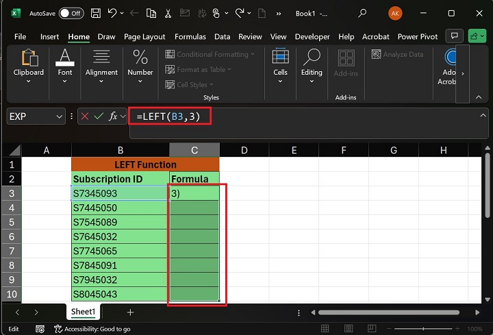 如何在 Excel2 中执行 LEFT 函数