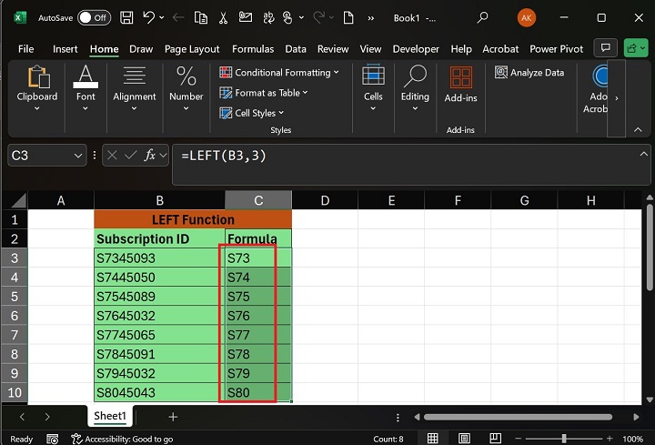 如何在 Excel3 中执行 LEFT 函数