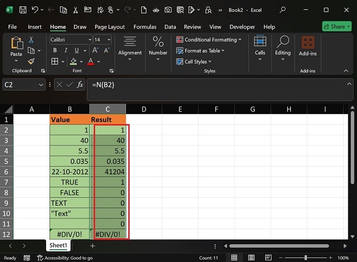 如何在Excel2中实现N函数