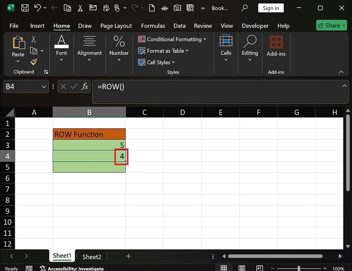 如何在 Excel4 中使用 ROW 函数