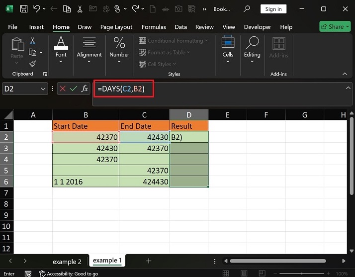 如何在 Excel2 中使用 DAYS 函数