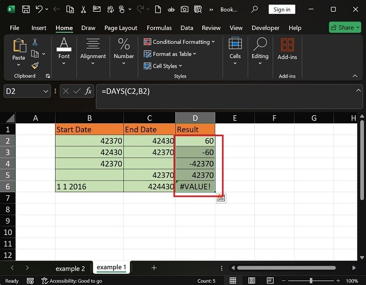 如何在 Excel3 中使用 DAYS 函数