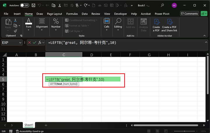 Microsoft Excel 1 中的 LEFTB 函数