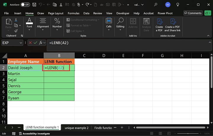 Excel 1 中的 LENB 函数