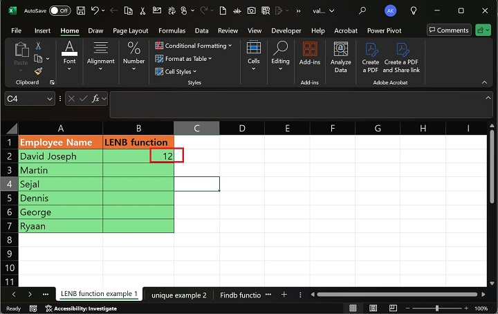 Excel 2 中的 LENB 函数