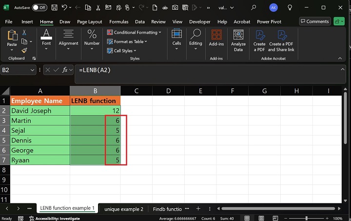 Excel 3 中的 LENB 函数