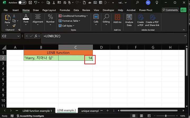 Excel 6 中的 LENB 函数