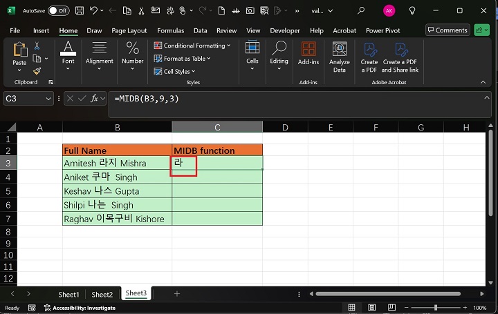 Excel 中的 MIDB 函数 1