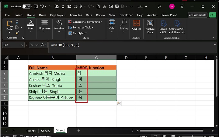 Excel 2 中的 MIDB 函数