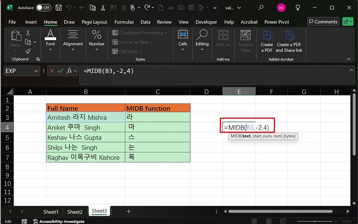 Excel 3 中的 MIDB 函数