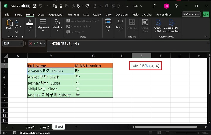 Excel 5 中的 MIDB 函数