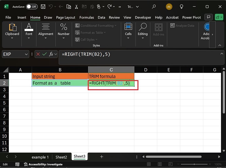 Excel1 中的 RIGHT TRIM 函数