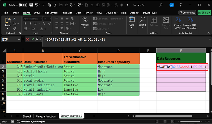 SORTBY Dataset using Function in Excel 1