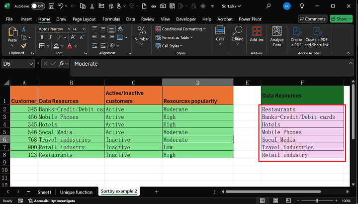 SORTBY Dataset using Function in Excel 2