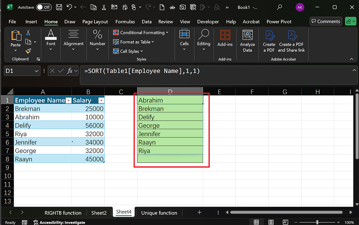 SORT Function in Excel 2