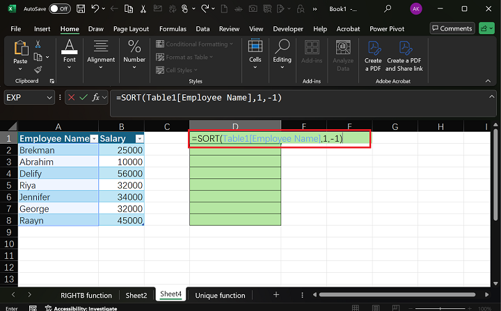 Excel 3 中的 SORT 函数