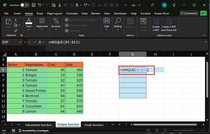 Excel 1 中的 UNIQUE 函数