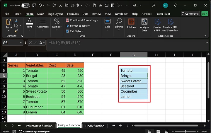 Excel 2 中的 UNIQUE 函数