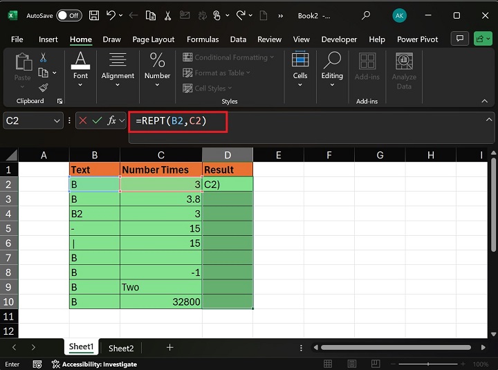 在 Excel2 中使用 REPT 函数