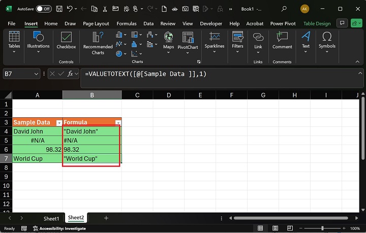 Excel 2 中的 VALUETOTEXT 函数