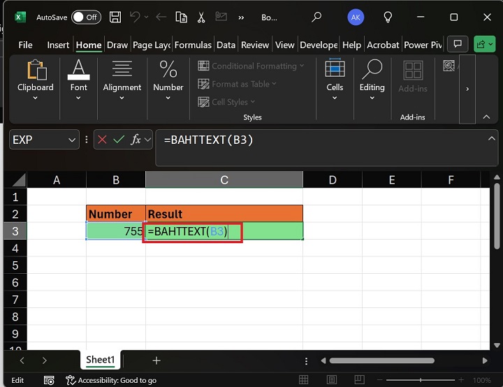 写入公式 =BAHTTEXT(B3)