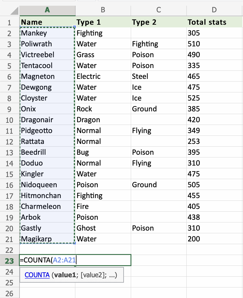 Excel COUNTA 函数