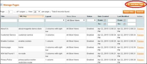 Magento 设置新页面