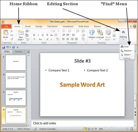 Microsoft PowerPoint 2010 中查找和替换内容