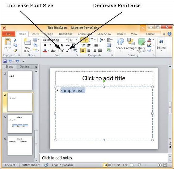 Microsoft PowerPoint 2010 中更改文本大小