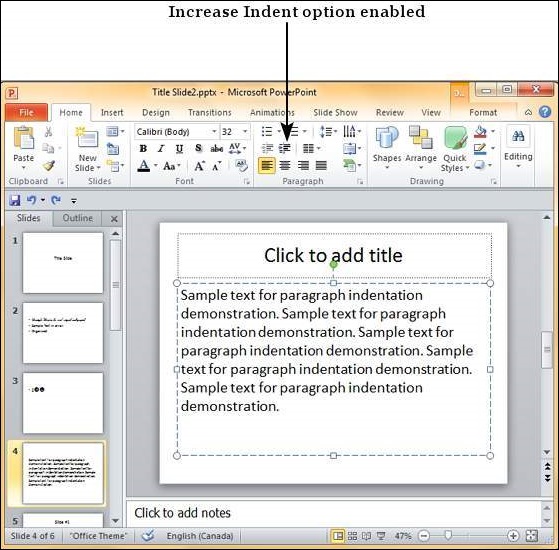 Microsoft PowerPoint 2010 中的缩进段落