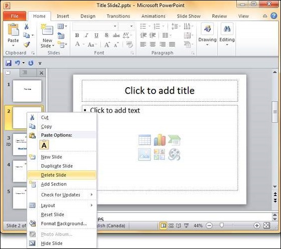 Microsoft PowerPoint 2010 中删除现有幻灯片