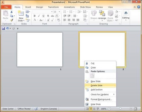 Microsoft PowerPoint 2010 中删除现有幻灯片